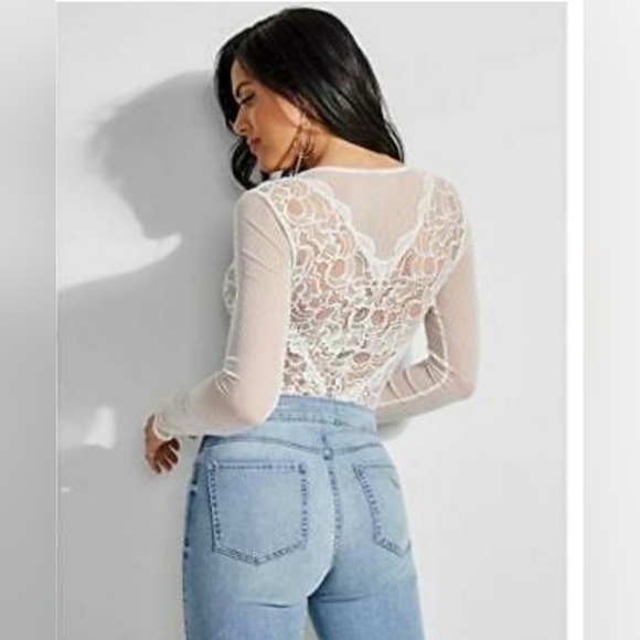 NWOT GUESS Sz L Ivory color Sariyah Sheer Lace & Mesh Bodysuit - Picture 6 of 8